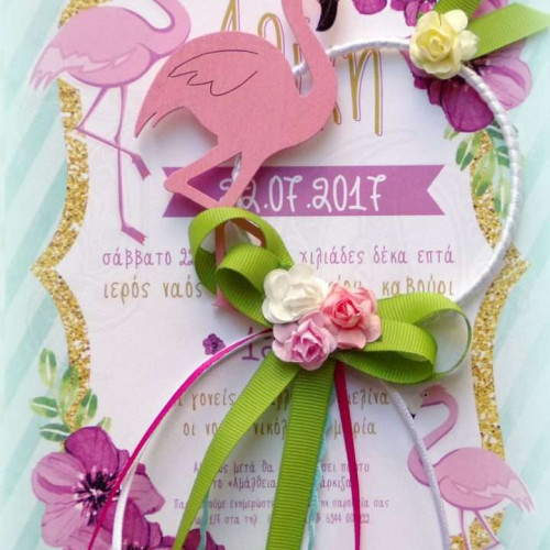 Μπομπονιέρα βάπτισης ονειροπαγίδα με φλαμίνγκο