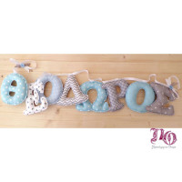 Υφασμάτινη γιρλάντα με όνομα,σε λευκό,γκρι και σιέλ